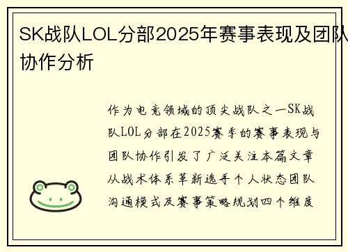 SK战队LOL分部2025年赛事表现及团队协作分析