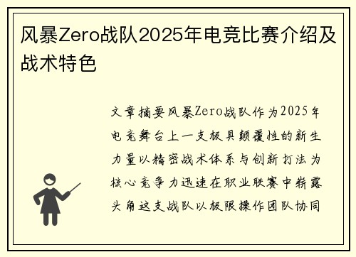 风暴Zero战队2025年电竞比赛介绍及战术特色